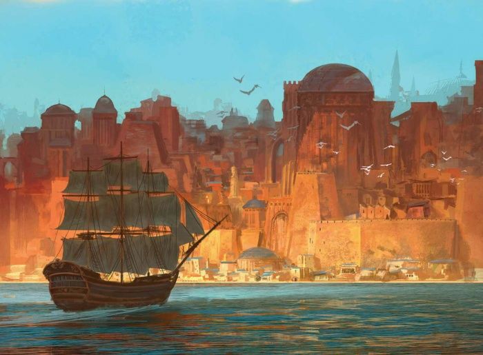 a painting of a ship sailing in front of a city