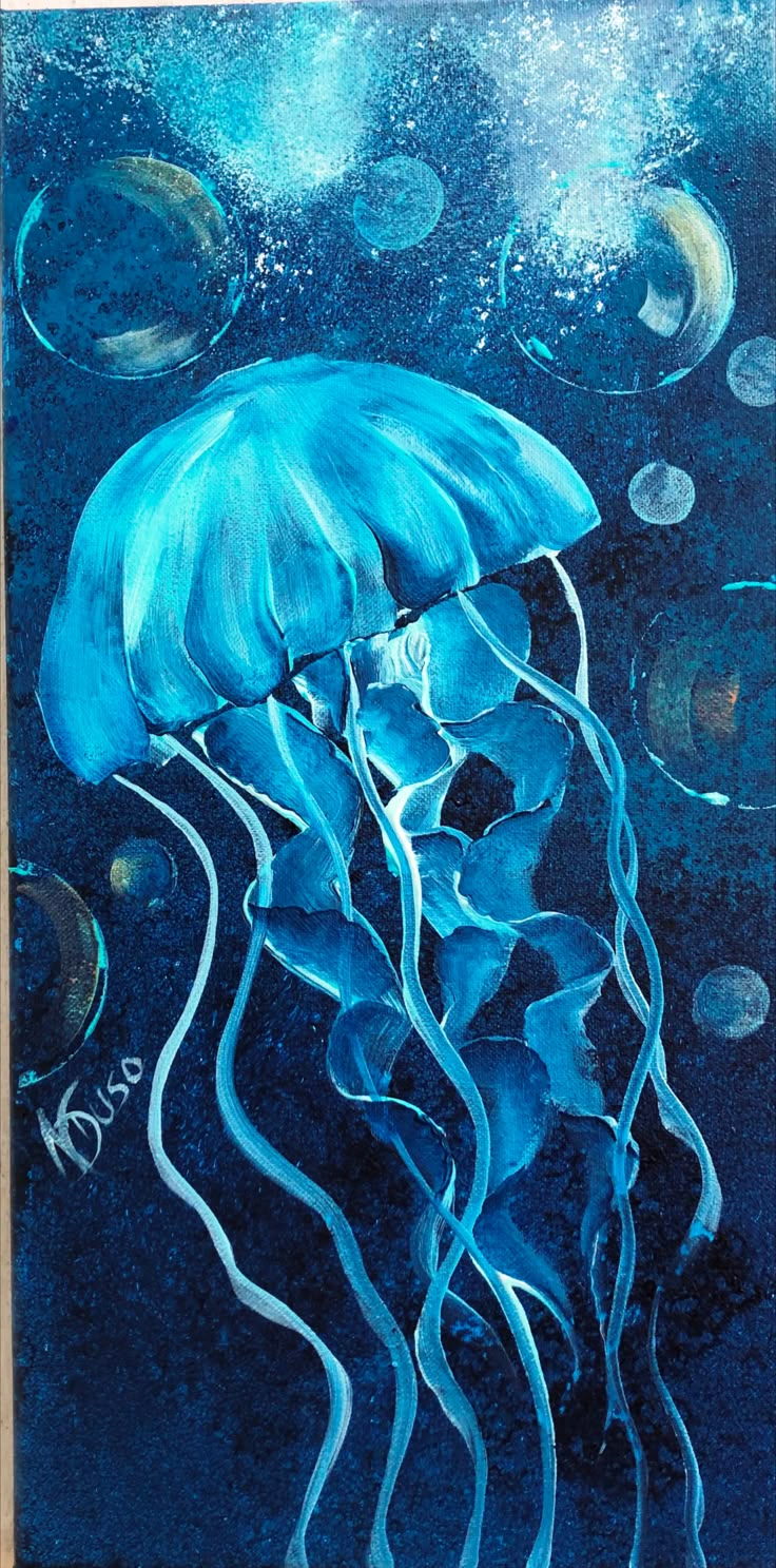 an acrylic painting of a blue jellyfish