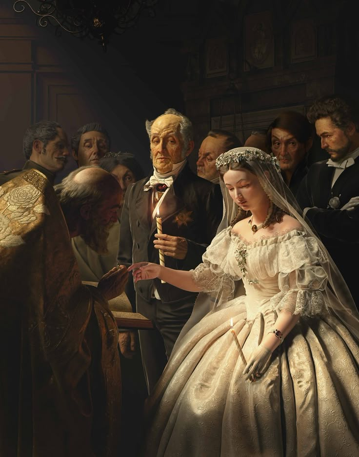 a painting of a woman in a wedding dress with an old man standing next to her