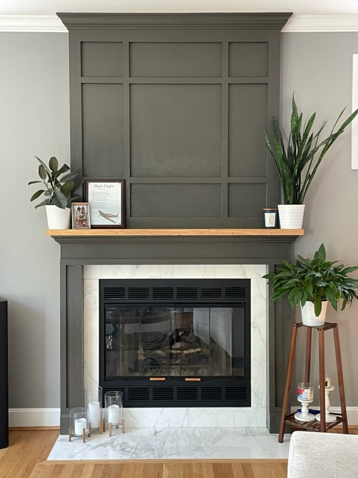 a living room with a fireplace and potted plants