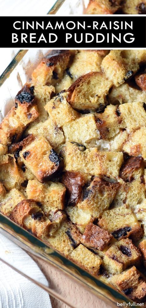 cinnamon raisin bread pudding in a glass baking dish with text overlay that reads, cinnamon raisin bread pudding