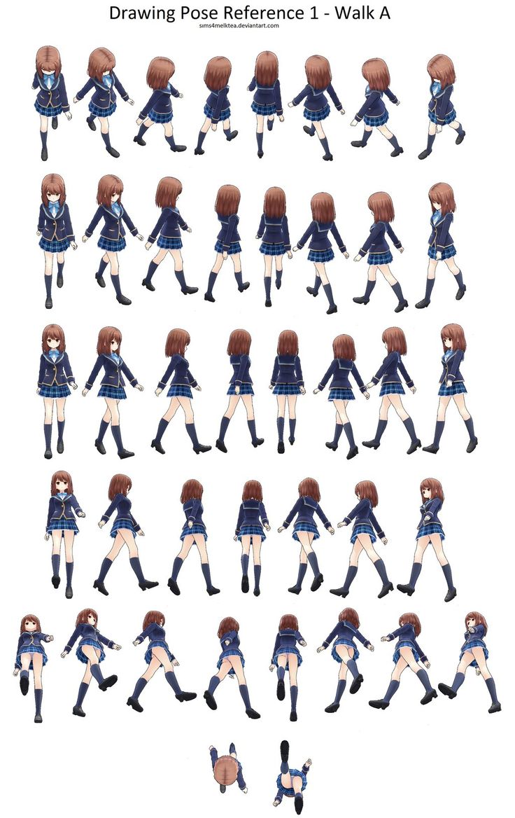 an anime character's poses are shown in various positions, including the legs and head