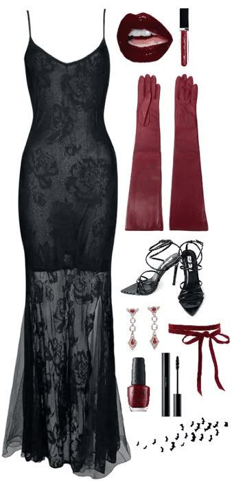 a woman's outfit with accessories including gloves and lipstick