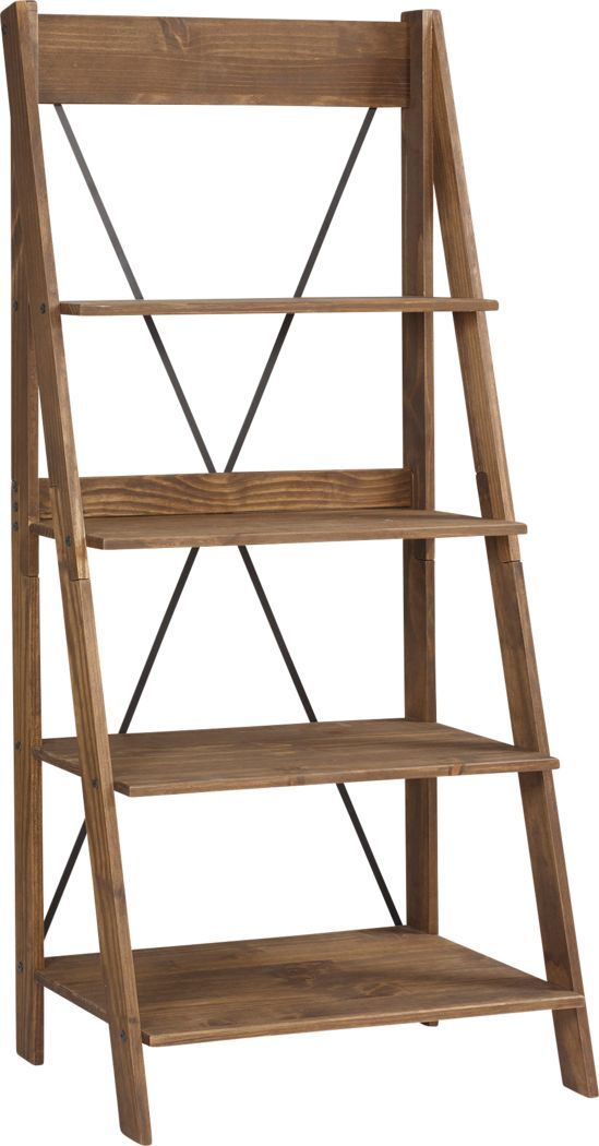 a wooden ladder shelf with three shelves on each side and one section open to show the bottom