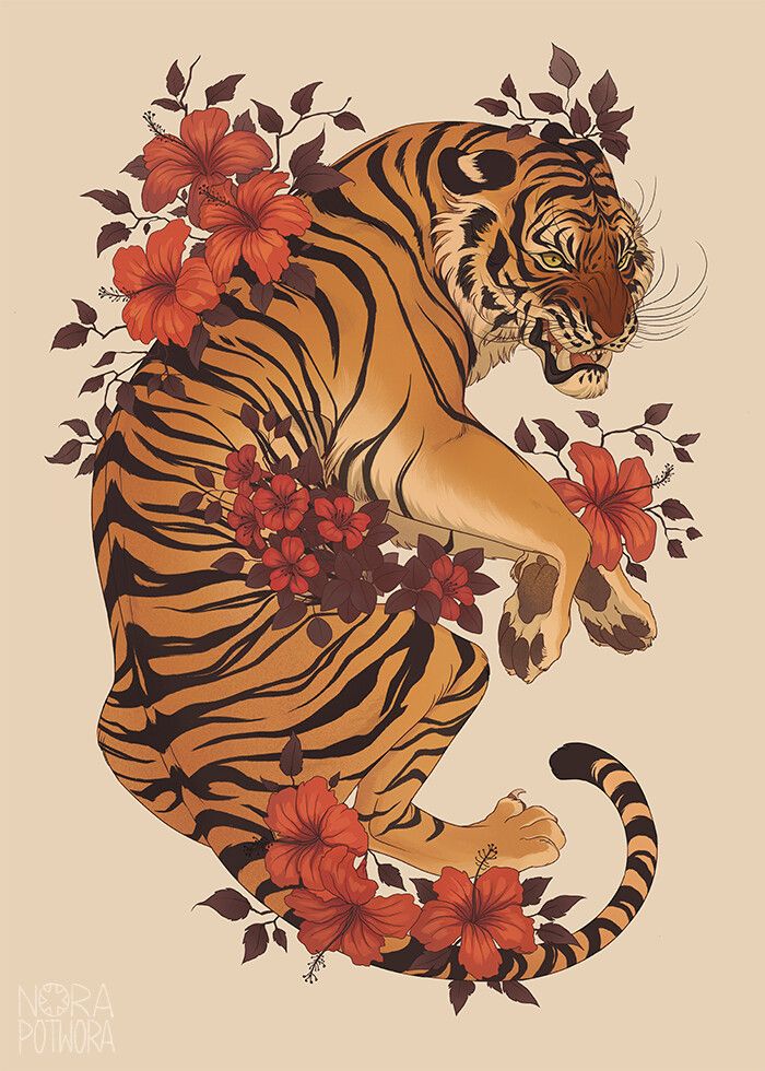 a tiger with flowers on it's back is sitting in the middle of its body