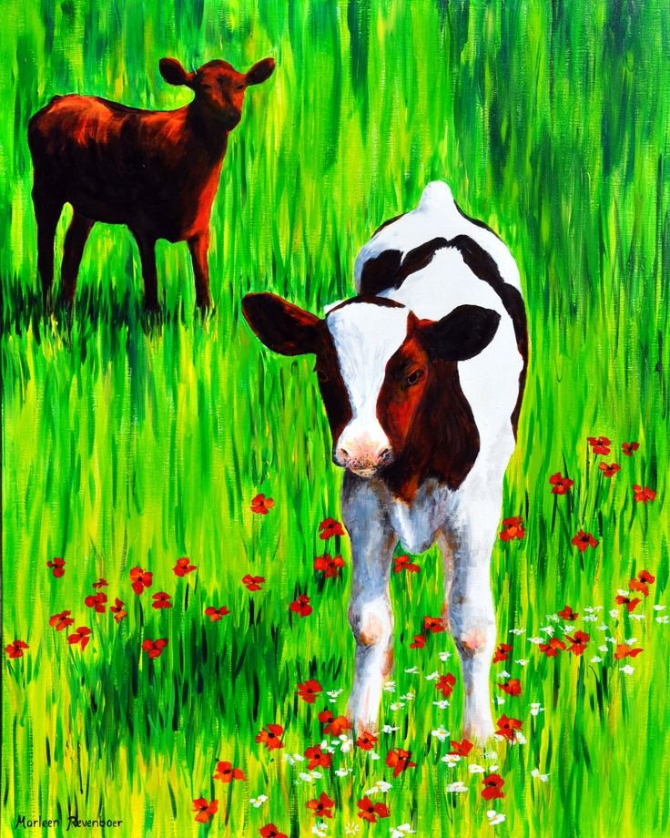 a painting of two cows in a field of grass with red and white daisies