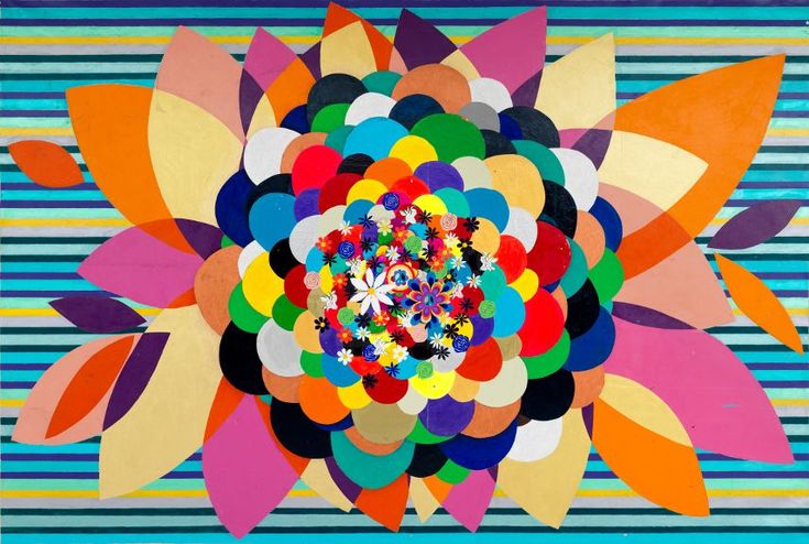 an abstract painting with multicolored shapes and lines in the center, on a blue background