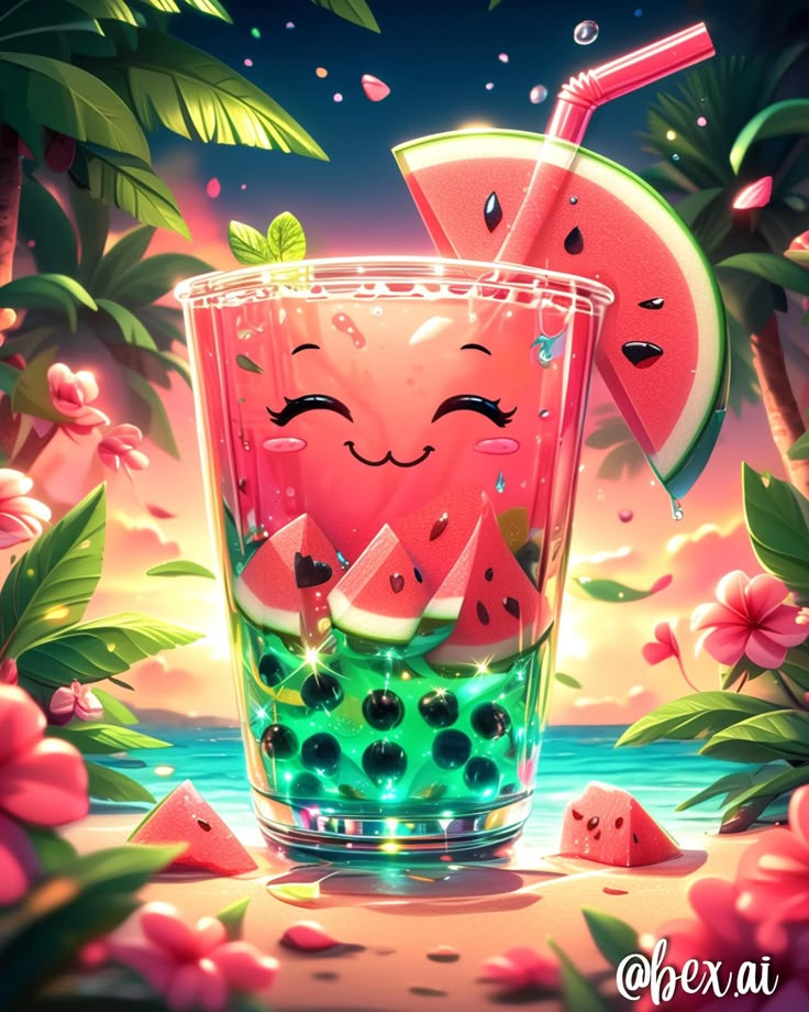 a glass filled with watermelon and topped with a slice of watermelon