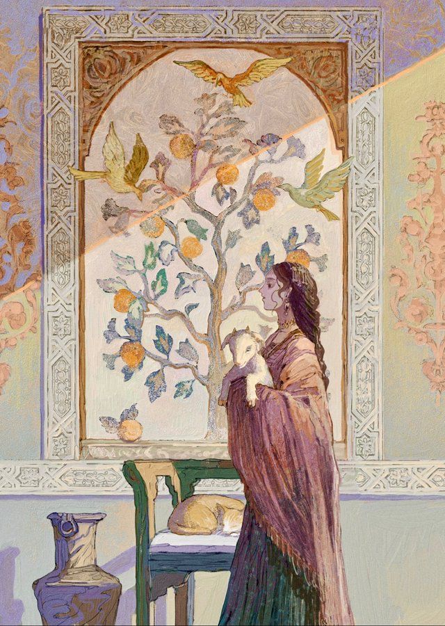 a painting of a woman standing in front of a tree with birds on it and two vases behind her