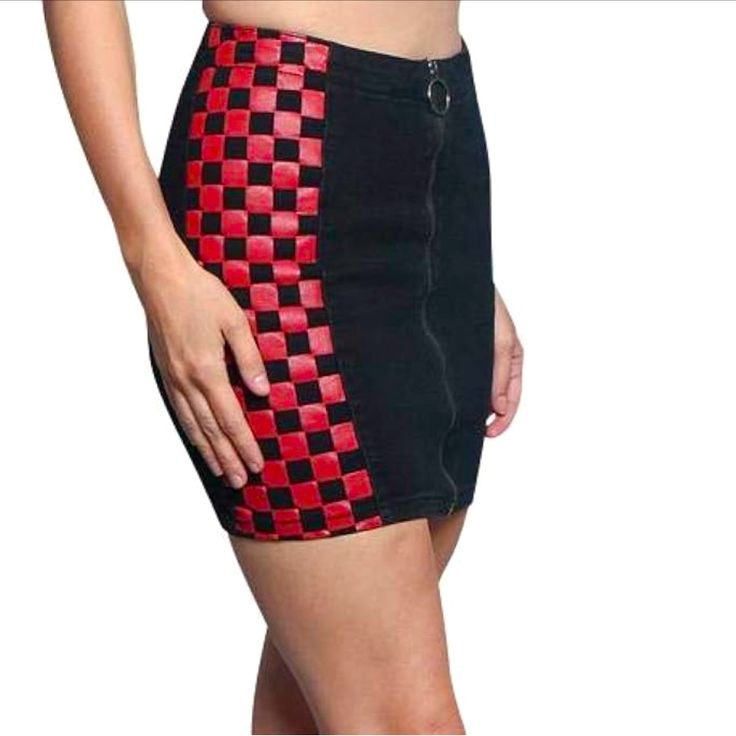 Nwt American Bazi Black / Red Checkered Mini Skirt Waist - 14in Length - 15in Red / Black Checkered Sides Black Denim Mini Skirt Button / Zip Fly Retro High Waisted Black Mini Skirt, Retro High-waisted Black Mini Skirt, Retro High Waist Black Mini Skirt, Retro Black Mini Skirt With Lining, Retro Fitted Black Mini Skirt, Trendy Fitted Red Mini Skirt, Retro Black Skirt, Trendy Red Fitted Skirt, Red Fitted Trendy Skirt