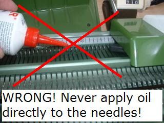 a person is using an orange glue to apply oil on a green machine with the words wrong never apply oil directly to the needles