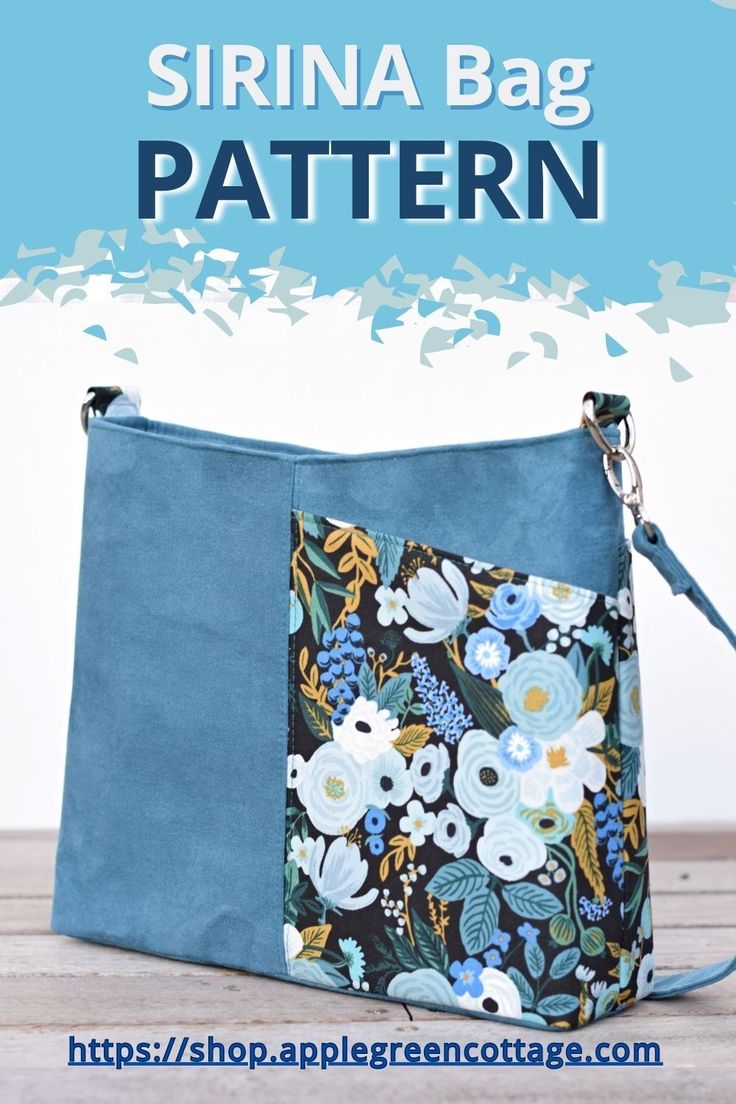 a blue purse with flowers on it and the words, sewing bag pattern written below