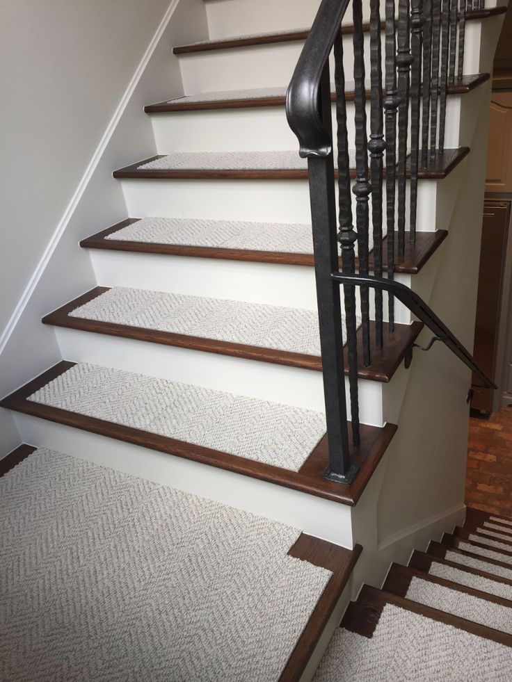 a stair case with carpeted steps and railings