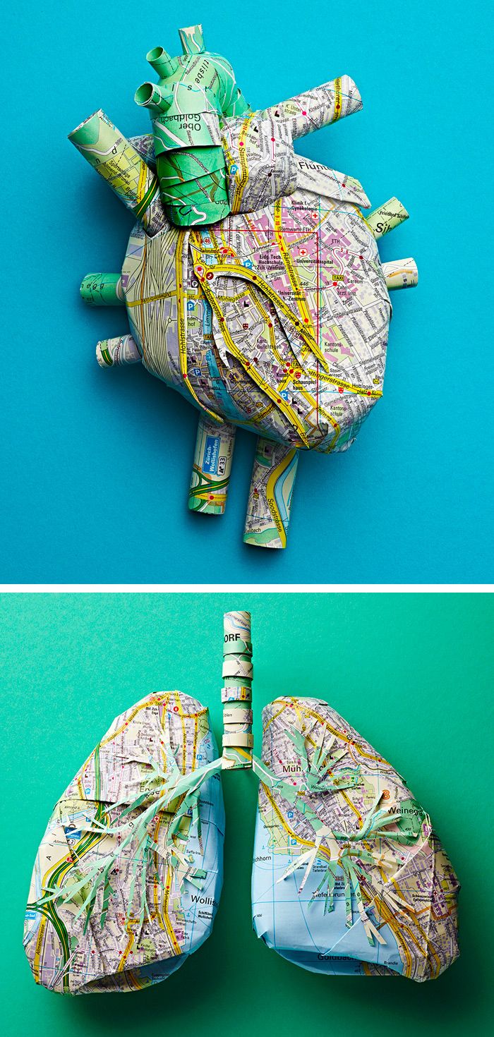 two pictures of the same heart and lungs, one is made out of newspaper paper