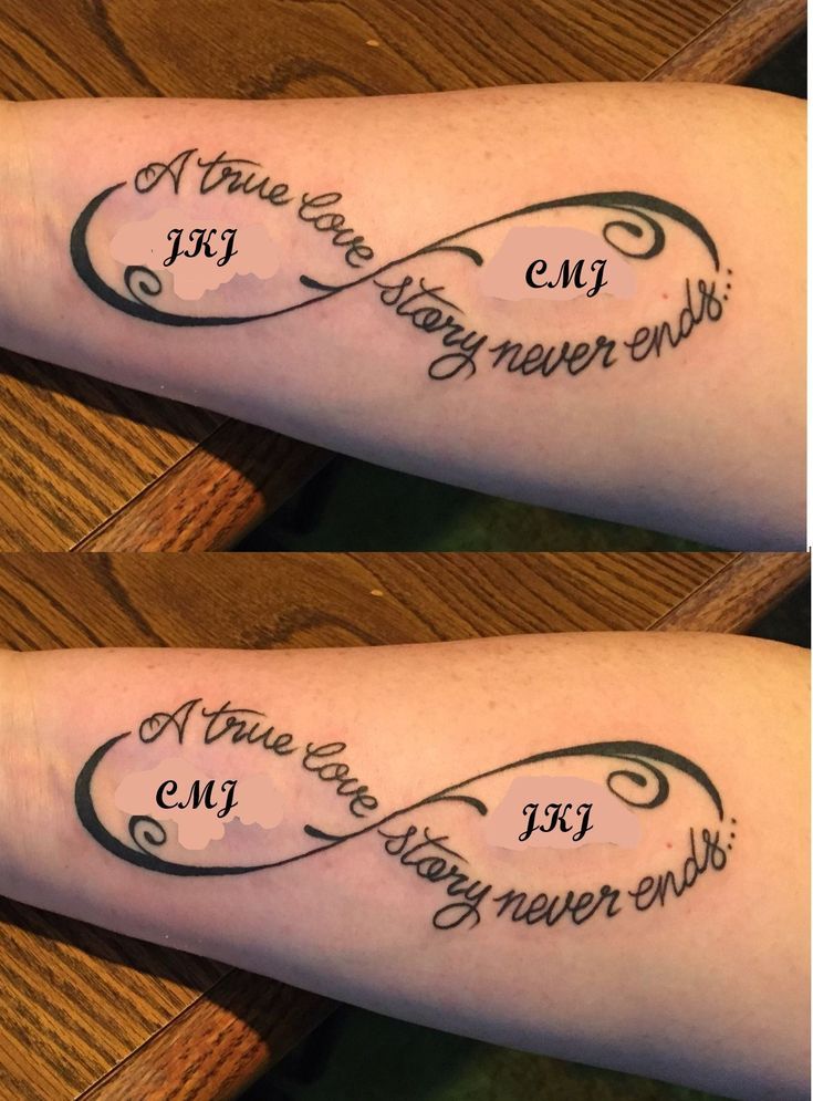 two tattoos with words on them that read true love never ends and an image of the same