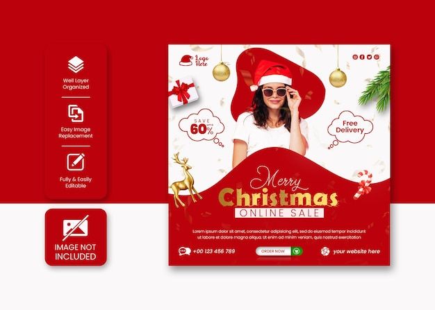 a red christmas flyer with a woman wearing a santa hat