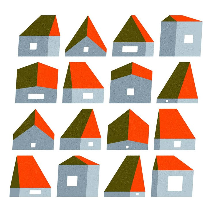 a series of nine houses with orange roofs and green roof tops, all in different colors