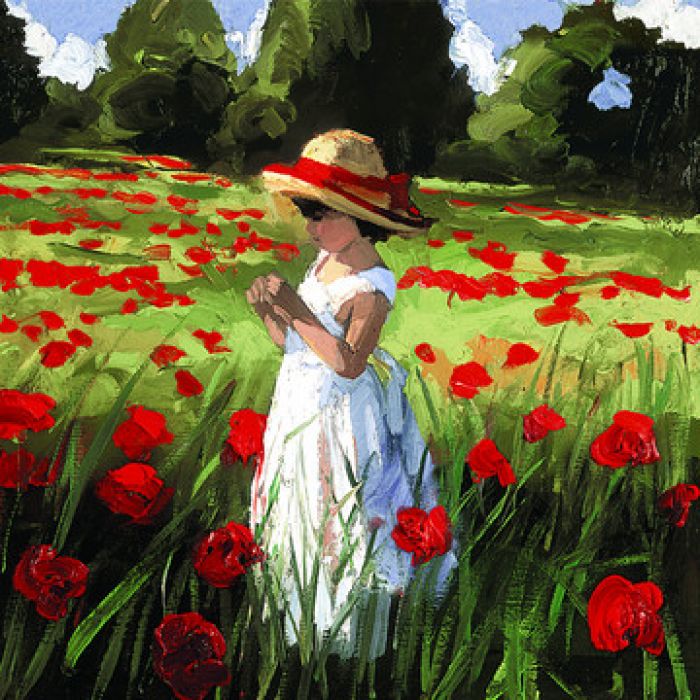 a painting of a woman in a field of red flowers with a hat on her head