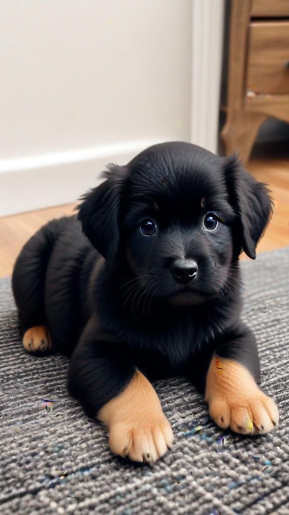 a small black and brown puppy laying on top of a rug next to a dresser