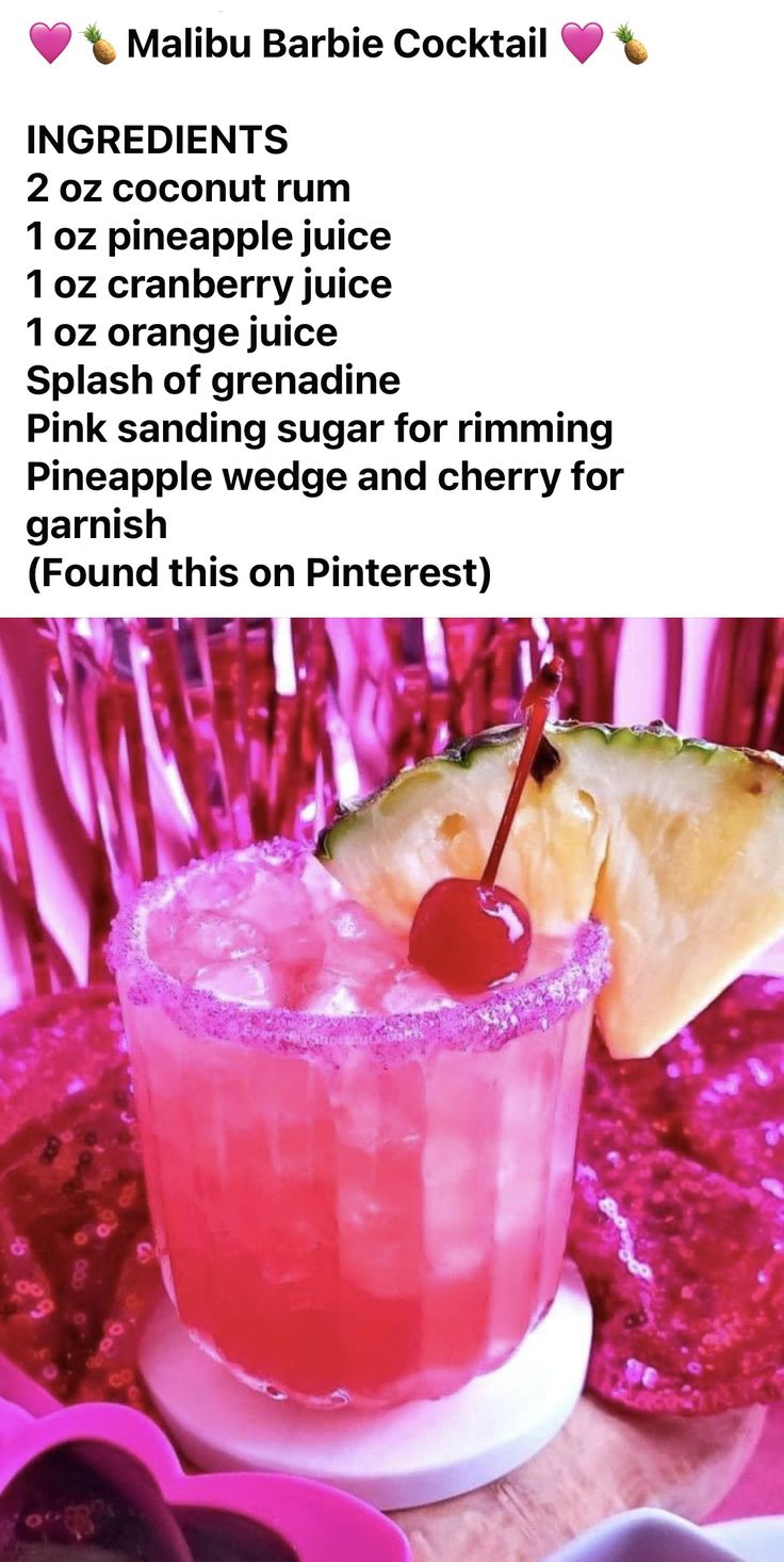 a pink cocktail with a cherry on the rim and pineapple garnish in it