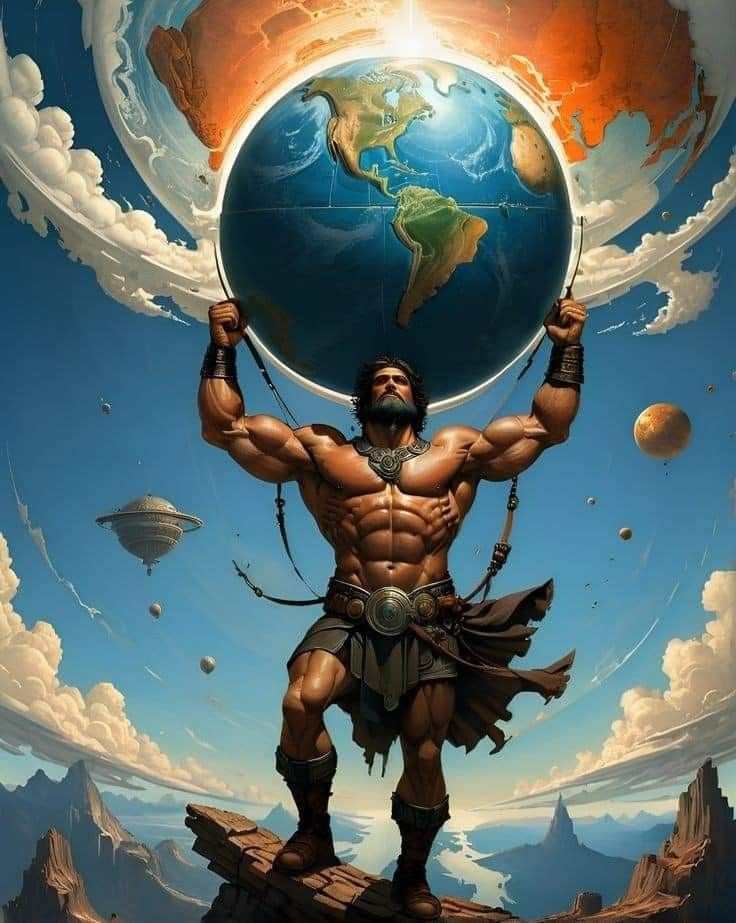 a painting of a man holding the earth on his shoulders