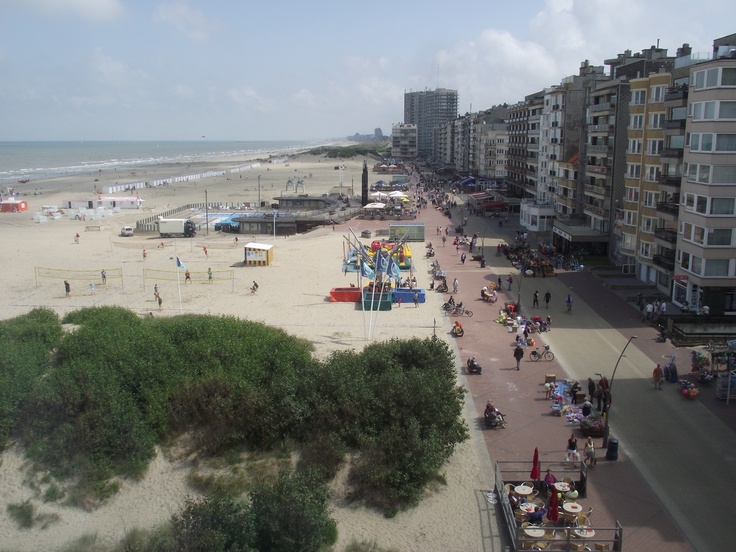 an aerial view of a beach with people on the sand and buildings in the background