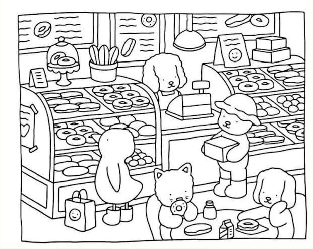 a black and white drawing of people shopping in a store with teddy bears on the shelves