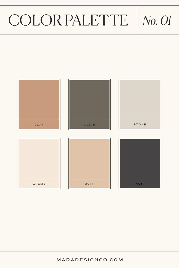 the color palette is shown in shades of beige, black and white with different colors