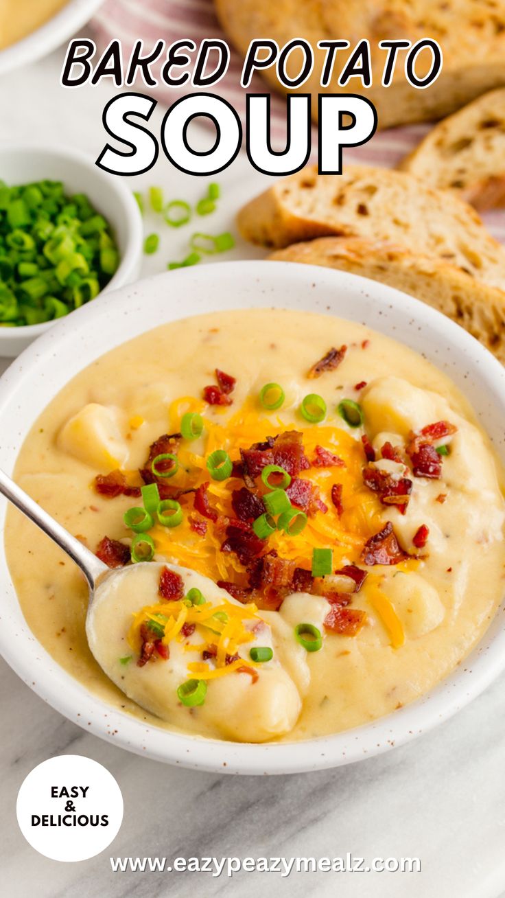 this baked potato soup is loaded with cheese and bacon