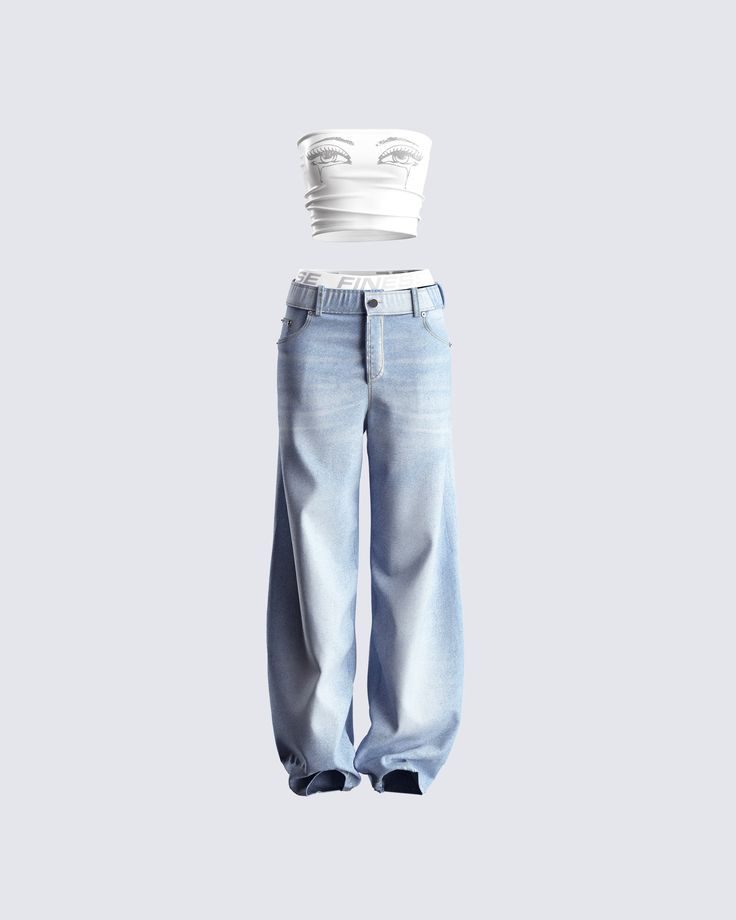 BADDIE ALERT 😮‍💨 Make them all envious in this iconic three-piece set. Featuring a white graphic tube top, black logo panties, and blue denim wide-leg jeans - this full fit will have everyone obsessin' over you 💅 Mid-rise Denim Blue Bottoms For Streetwear, Finesse Pants, Blue High-waist Y2k Cargo Jeans, Finesse Clothing Dress, Y2k Denim Fitted Crop Top, Clothing Png, Y2k Summer Outfits, Fashion Idol, Selling Clothes