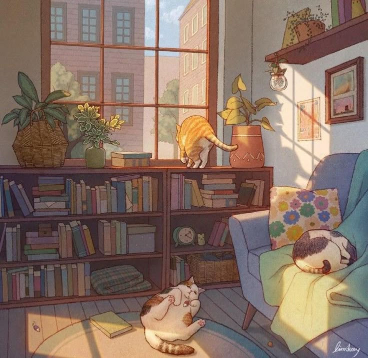 two cats sitting on the floor in front of a bookshelf with many books