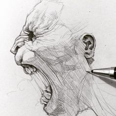 a pencil drawing of a man's face with his mouth open and tongue out