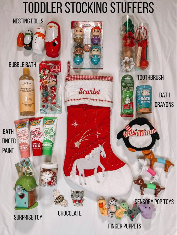 the contents of a stocking are displayed on a sheet