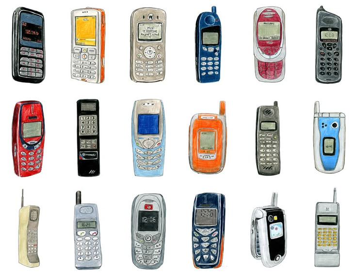 an image of many different cell phones in color and black, red, orange, blue