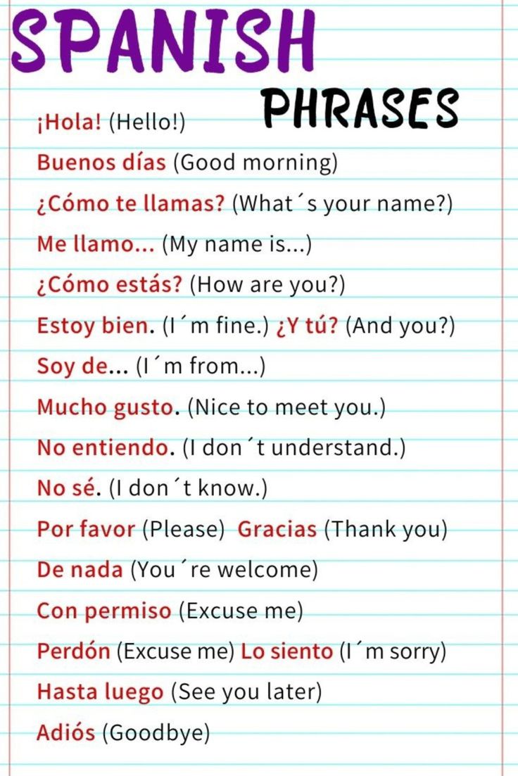 spanish phrases on lined paper with the words in english and spanish, which are written below