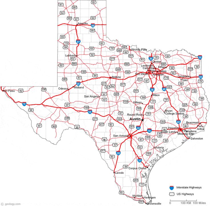 a map of texas with all the roads marked in blue and red, including cities