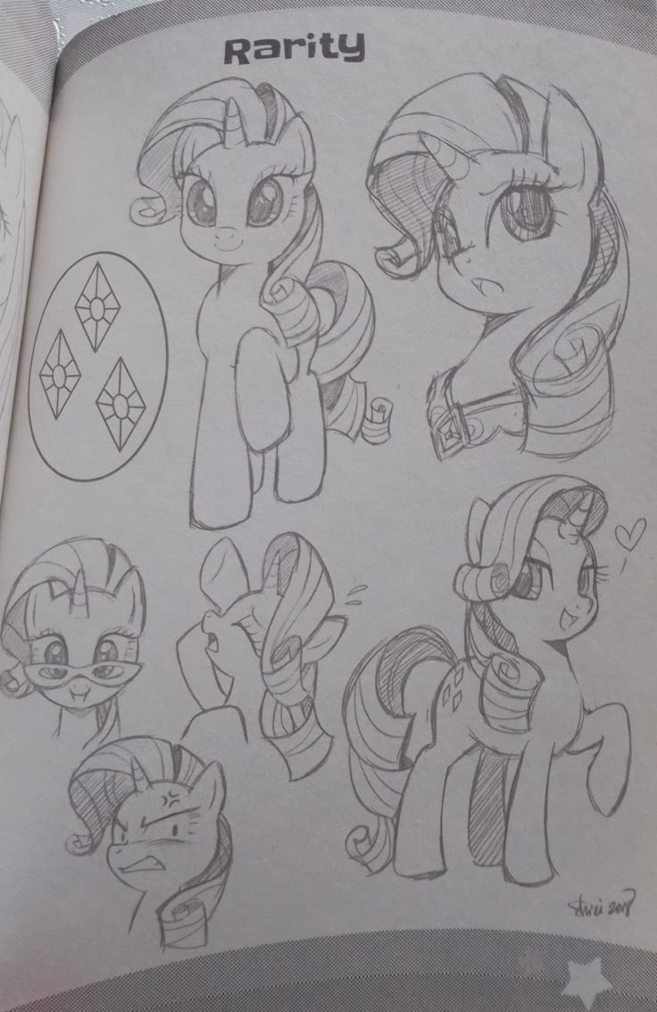 an open book with drawings of different ponys and their names on it's pages