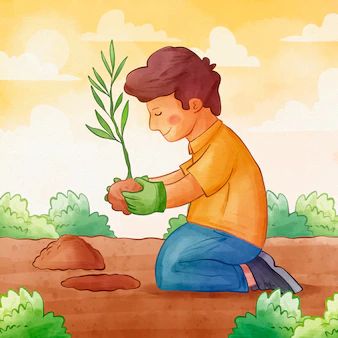 a boy kneeling down in the dirt holding a plant