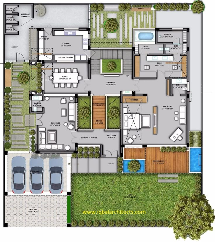 the floor plan for a modern home with pool and outdoor living area in the background