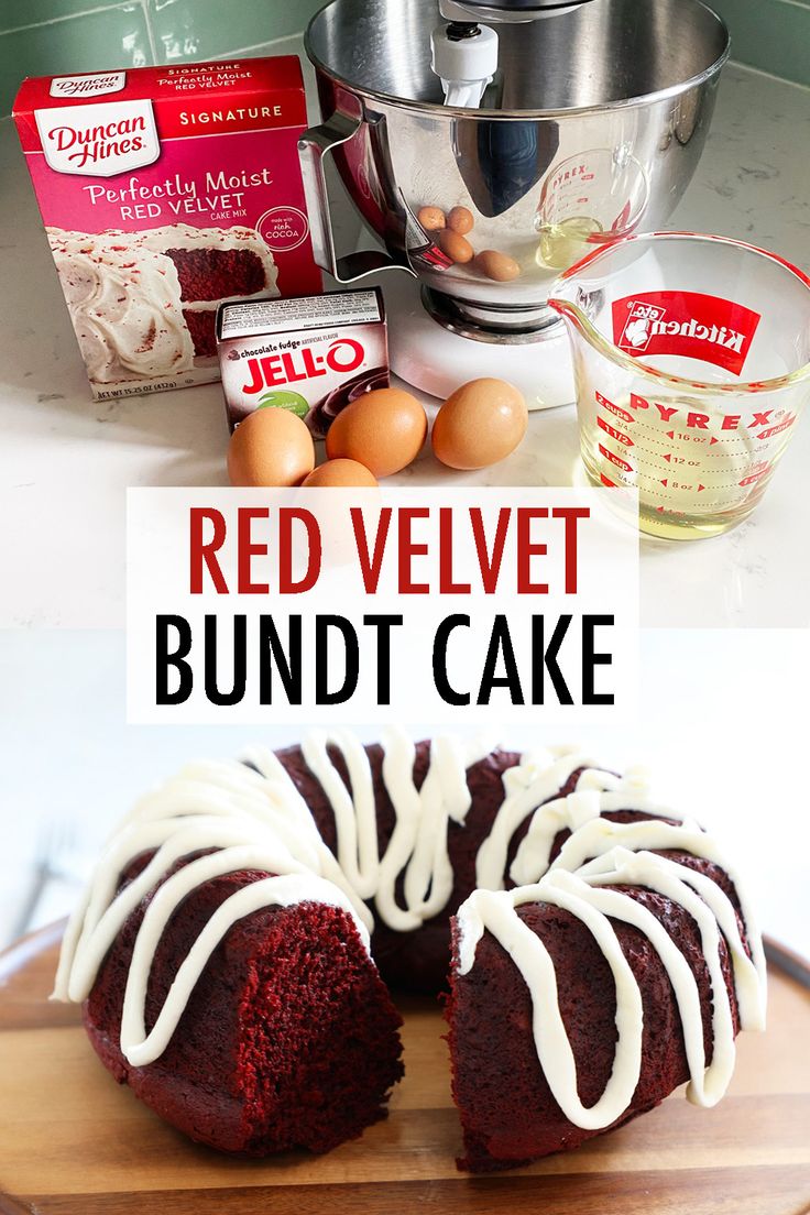 red velvet bundt cake with white icing on a cutting board next to ingredients