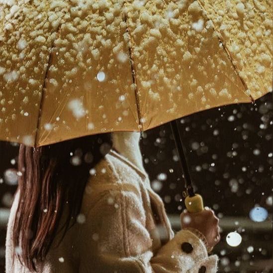 a woman is holding an umbrella in the snow while it's snowing outside