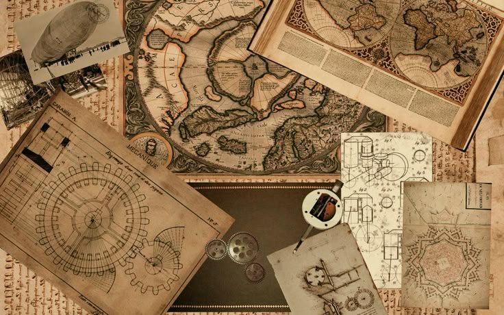 old maps and other antique items are arranged on a table with some tags attached to them