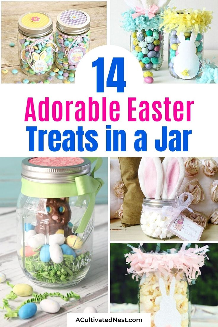 14 Cute Easter Treats In A Jar- Make some delicious (and adorable) treats in jars to give as gifts for Easter this year, or to include in Easter baskets! | #Easter #dessertRecipes #EasterBasket #EasterGifts #ACultivatedNest Mason Jar Easter Basket, Easter Food Gifts To Make, Easter Treat Baskets, Easter Jars Diy, Easter Mason Jar Ideas, Easter Guessing Jar Ideas, Easter Goodies For Coworkers, Easter Ideas For Nursing Home Residents, Easter Office Gifts