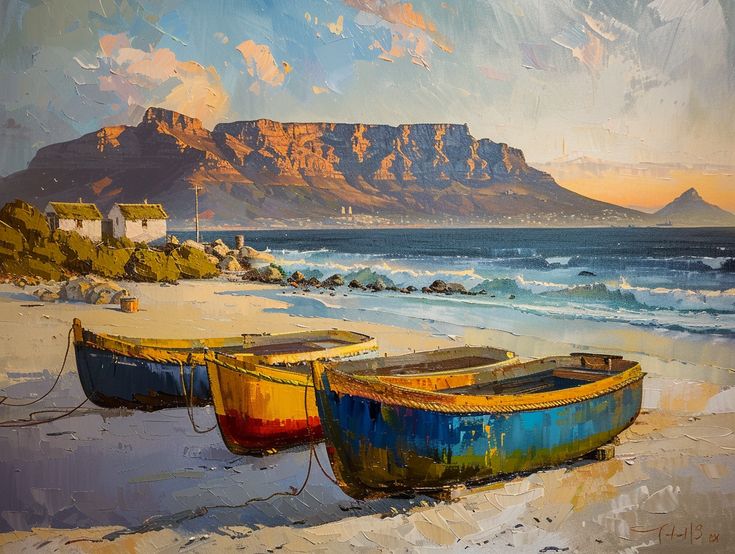 #TableMountain #Sunrise #OilPainting #J.h.Pierneef #PaternosterFishingBoats #Fishermen’sCottages #CapeDutchWalls #MutedColors #4:3AspectRatio #TheCandie Sunrise Oil Painting, Cloudy Sunrise, Paint Table, Cape Dutch, Small Fishing Boats, Inspirational Digital Art, Boat Paint, Mountain Sunrise, White Cape