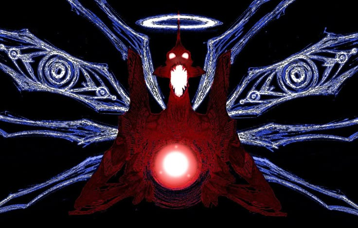 an abstract painting with blue and red colors on black background, depicting the shape of a demon's head