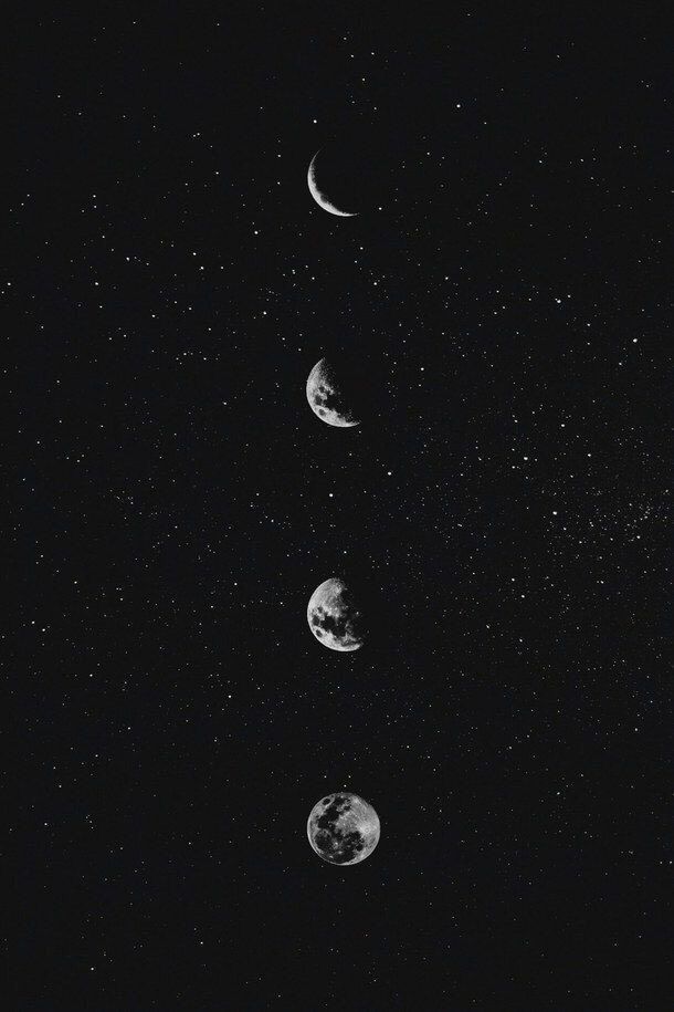 three phases of the moon are shown in this black and white photo, with stars above them