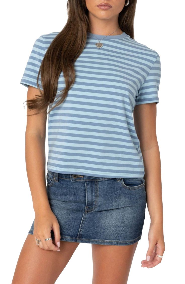 Two blue hues stripe a crewneck T-shirt cut in a boxy, relaxed fit. Crewneck Short sleeves 95% cotton, 5% spandex Machine wash, dry flat Imported Wwe T Shirts, Flannel Sweatshirt, Striped Shirts, Girls Blouse, Striped T Shirt, Designer Clothes For Men, Guess Jeans, Cut Shirts, Get Better