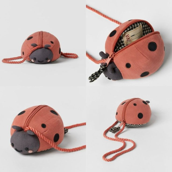 three pictures of a ladybug purse with four different angles to the same bag