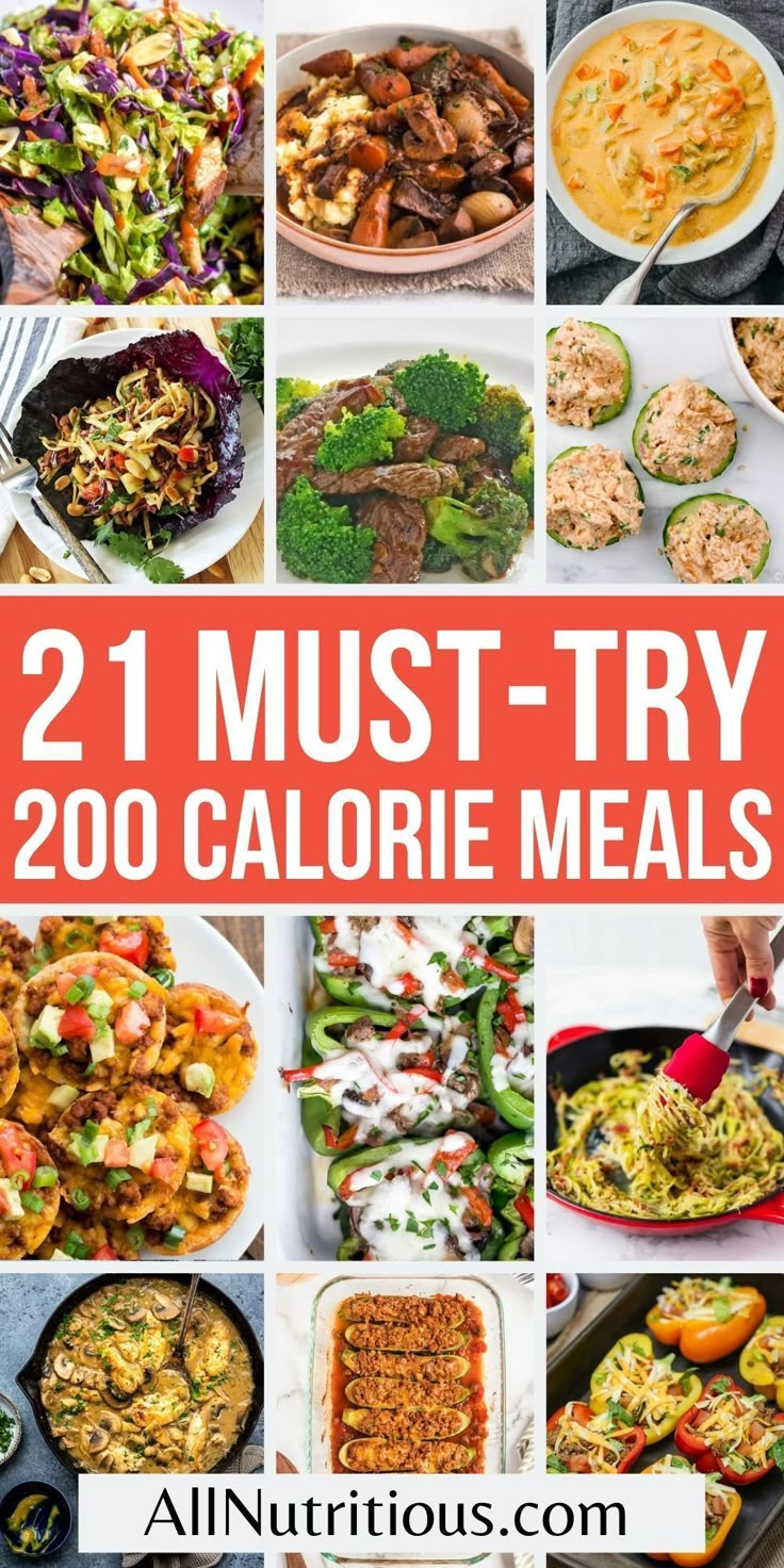 the 21 must try calorie meals are in this collage with text overlay that says, 21 must try calorie meals