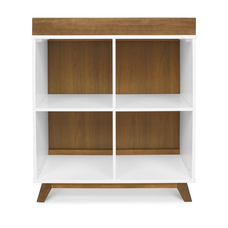 a white and brown bookcase with three shelves